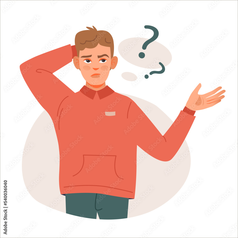 A thoughtful man with a question. Puzzled business woman doubting, deciding, setting priorities. Flat vector illustration isolated on white background A thoughtful man with a question. Puzzled business woman doubting, deciding, setting priorities. Flat vector illustration isolated on white background
