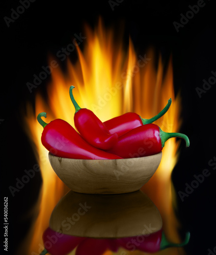 Red hot chili peppers in a wooden bowl, surrounded by fire. Photo.