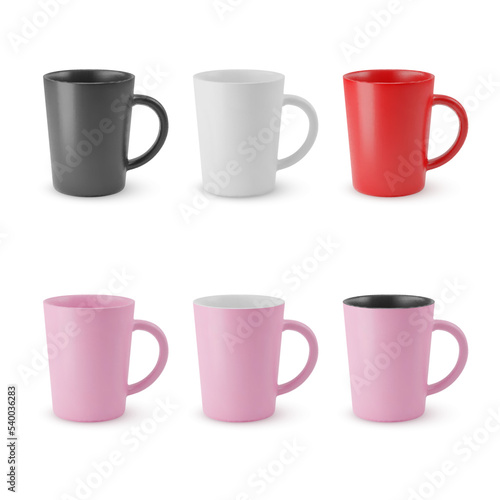 Illustration of Six Realistic Empty Ceramic Tea Mug. Mockup with Shadow Effect, and Copy Space for Design. For Web Design, and Printing
