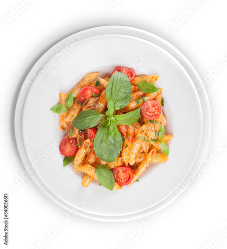Pasta. Penne Pasta with Bolognese Sauce, Parmesan Cheese and Basil on a Fork. Italian Cuisine. Mediterranean food