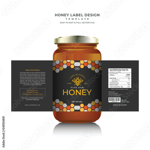 Honey bee label product design template, Black honey label with mock up creative jar label.