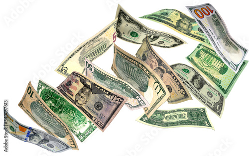 Flying money, dollar bills in denominations from one to a hundred rise to growth
