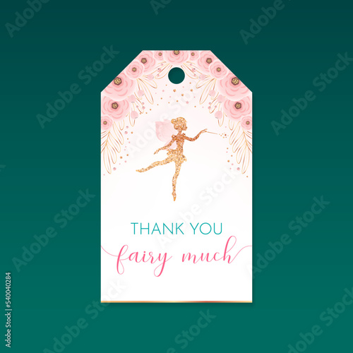 Birthday Thank you tag. Beautiful party favor card background with gold sparkling fairy silhouette and flowers. Vector 10 EPS.