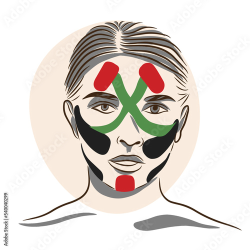 Portrait of a girl, taping technique, kinesiology taping of the face