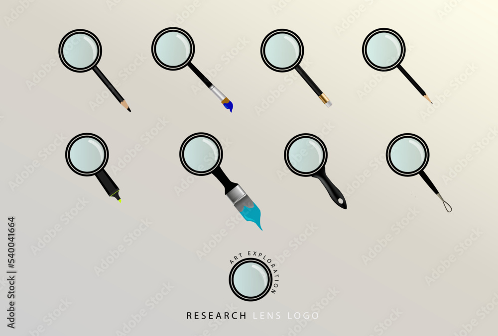 Magnifying glass logo with artistic instrument handle. Icon set lens, vector symbol: artistic research concept. Magnifying glass logo with artistic instrument handle. Icon set lens, vector symbol: artistic research concept.