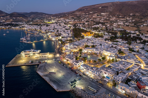 Aerial panorama view of the of parikia village with the traditional white houses in Paros island, Greece.