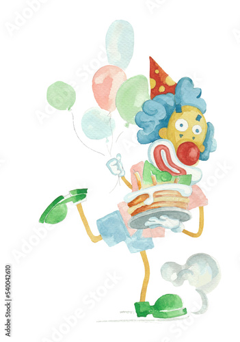 Funny clown hurries to a birthday party with a cake in his hands. Watercolor illustration of a circus performer on a transparent background. Clipart for the design 