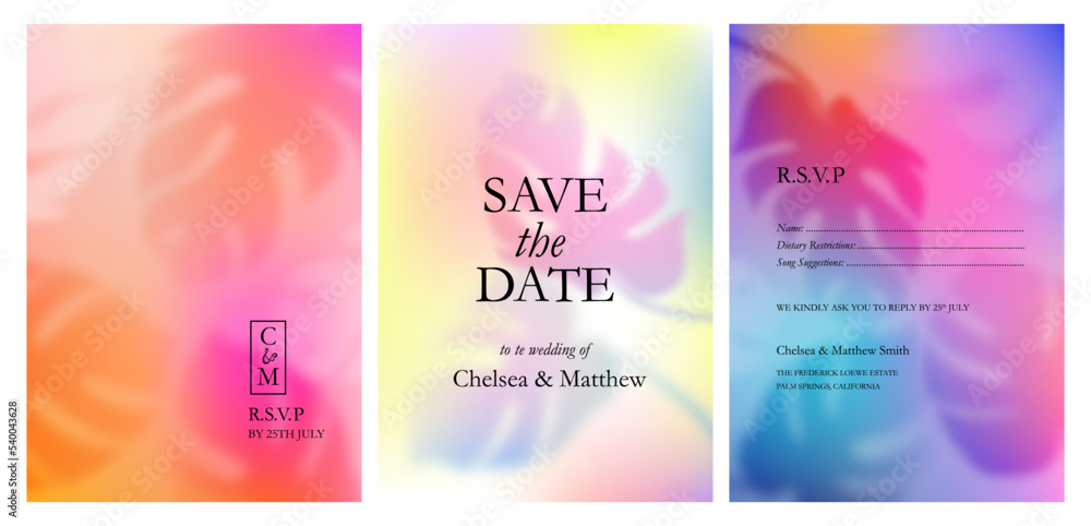 Bright Tropical Gradient Backgrounds Set. Vector Wedding Invitations. Save the Date Greeting Cards. Abstract Bg with Tropical Elements Overlay. Blurred Monstera Leaves