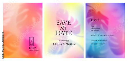 Bright Tropical Gradient Backgrounds Set. Vector Wedding Invitations. Save the Date Greeting Cards. Abstract Bg with Tropical Elements Overlay. Blurred Monstera Leaves
