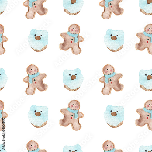 Fototapeta Naklejka Na Ścianę i Meble -  Seamless pattern of cute watercolor gingerbread. Christmas gingerbread cookies. Christmas decorations