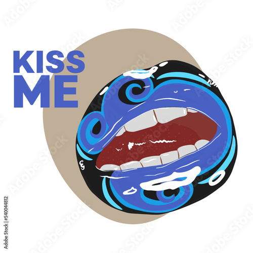 Nautical design, kiss me, inscription, stylish card with painted lips, bright makeup