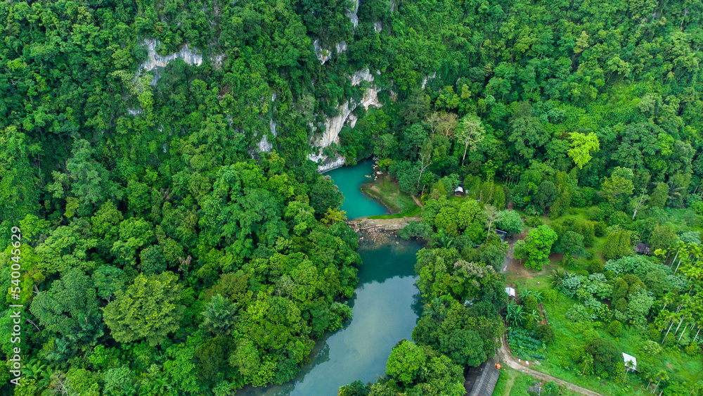 Aerial view of Pucok Krueng tourist attraction, the lake water is green tosca	