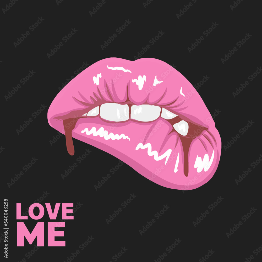 Love me, Bite pink lips, stylish card with painted lips, bright makeup Love me, Bite pink lips, stylish card with painted lips, bright makeup