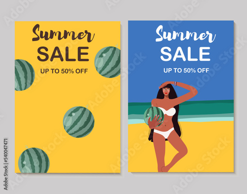 Colorful vector summer sale poster, banner, background, vacation mood, card, invitation, summer vibes, woman in bikini with watermelon, tropical, tag, holiday, vacation.