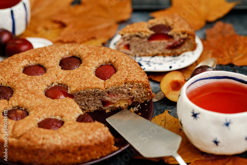 Plum pie. Delicious pie on a concrete table. Autumn design