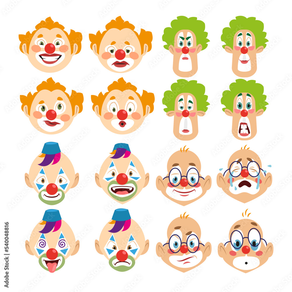 Faces of clown cartoon characters vector illustrations set. Collection of drawings of facial expressions of people with eye and mouth makeup isolated on white background. Emotions, circus concept Faces of clown cartoon characters vector illustrations set. Collection of drawings of facial expressions of people with eye and mouth makeup isolated on white background. Emotions, circus concept