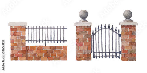 Wrought iron gate and fence, watercolor isolated on white or transparent background 