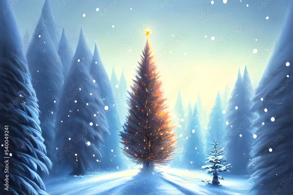 a magical christmas tree with decoration stuck in the ground with gift's halfway up a snowy mountain - digital art