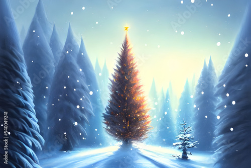 a magical christmas tree with decoration stuck in the ground with gift's halfway up a snowy mountain - digital art © 39