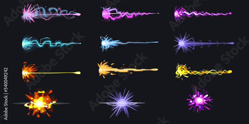 Colorful beams or energy blasts vector illustrations set. Cartoon drawings of laser gun, blaster or weapon effects, lightning, bomb explosion, alien attack. Magic, power concept for game or comic book