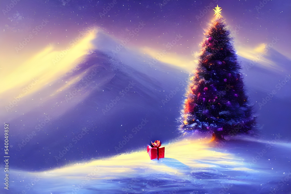 a magical christmas tree with decoration stuck in the ground with gift's halfway up a snowy mountain - digital art