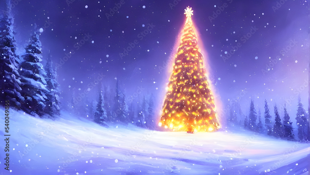 Fototapeta premium a glowing christmas tree with decoration stuck in the ground with gift's halfway up a snowy mountain - digital art