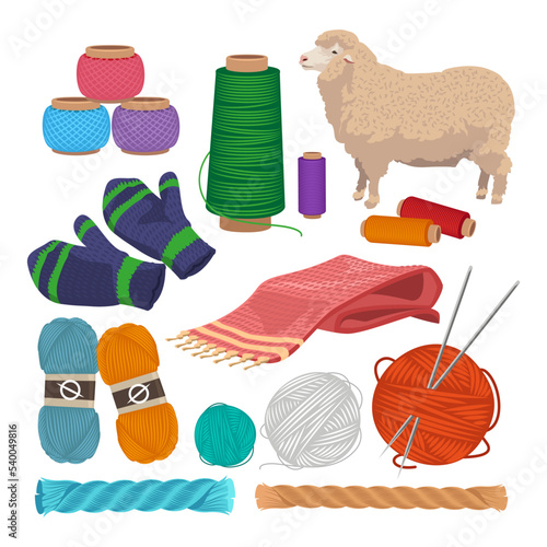 Sheep and yarn for knitting vector illustrations set. Cartoon drawings of merino wool strings or rolls, skeins and balls isolated on white background. Knitwork, hobby, handicraft concept