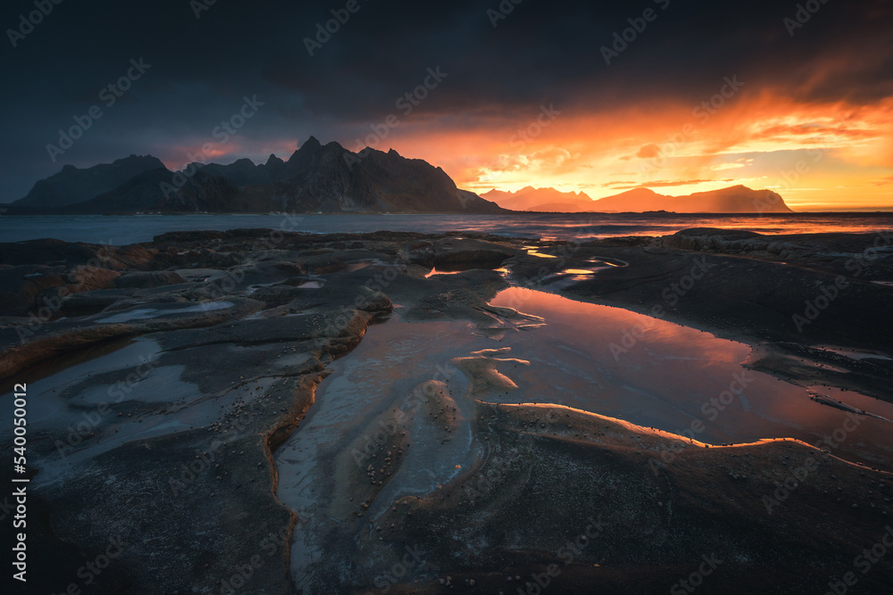 Beautiful and colorful autumn in the Lofoten archipelago in Norway. Breathtaking landscapes show the power of nature.
