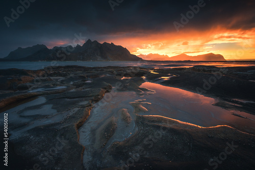 Beautiful and colorful autumn in the Lofoten archipelago in Norway. Breathtaking landscapes show the power of nature.