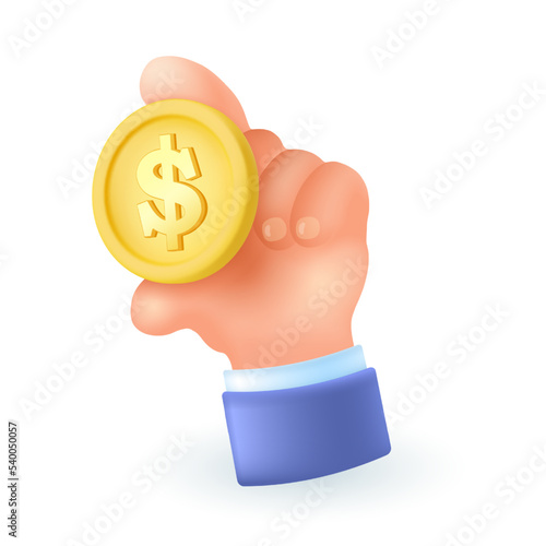Hand of businessman holding gold coin 3D icon. Human hand with golden coin with dollar sign 3D vector illustration on white background. Finances, business, investment, payment concept