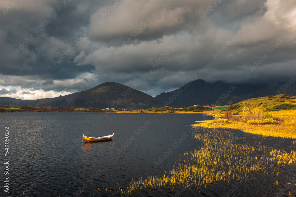 Beautiful and colorful autumn in the Lofoten archipelago in Norway. Breathtaking landscapes show the power of nature.