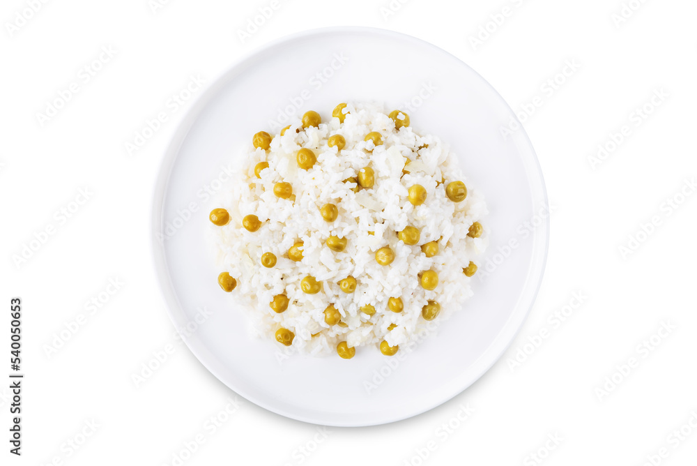 Onion green peas rice in a plate on a white isolated background Onion green peas rice in a plate on a white isolated background