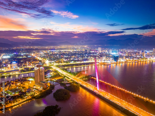 Aerial view of Tran Thi Ly bridge which is a very famous destination of Da Nang city.