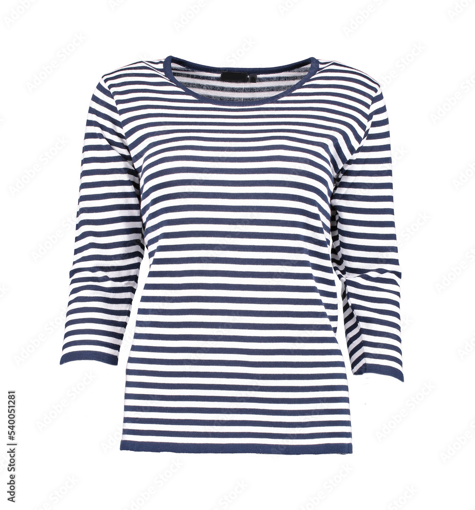 Striped women's T-shirt in a marine style. Isolated image on a white background. Nobody. Striped women's T-shirt in a marine style. Isolated image on a white background. Nobody.