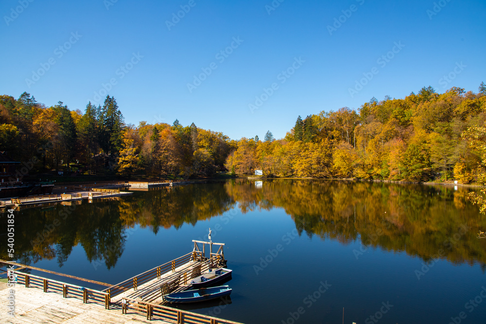 Lake Ursu from Sovata resort - Romania in autumn