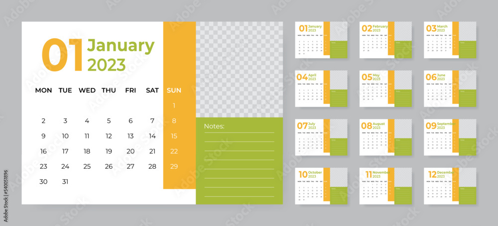 Monthly desk calendar template for 2023 year. Week starts on Monday Monthly desk calendar template for 2023 year. Week starts on Monday