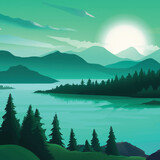 Nature scene with river and hills, forest and mountain, landscape flat cartoon style illustration