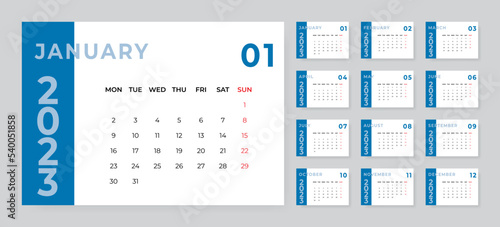 Monthly desk calendar template for 2023 year. Week starts on Monday