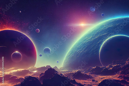 Space digital artwork. Surreal fantasy cosmos. Nebula with planets and stars. Sci-fi elements. Glowing technology. Dark colorful universe. Concept of asteroids with moons and rocks. Black hole, sun.
