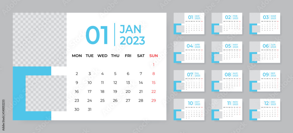 Monthly desk calendar template for 2023 year. Week starts on Monday Monthly desk calendar template for 2023 year. Week starts on Monday