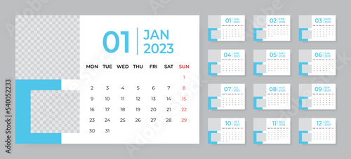 Monthly desk calendar template for 2023 year. Week starts on Monday