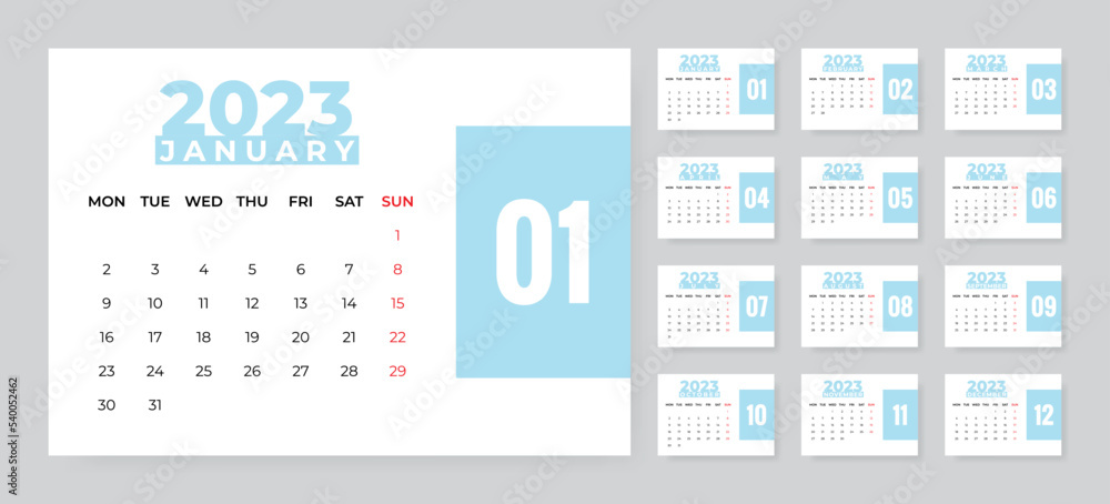 Monthly desk calendar template for 2023 year. Week starts on Monday Monthly desk calendar template for 2023 year. Week starts on Monday