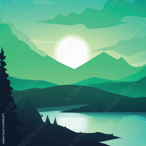 Fototapeta Naklejka Na Ścianę i Meble -  Nature scene with river and hills, forest and mountain, landscape flat cartoon style illustration