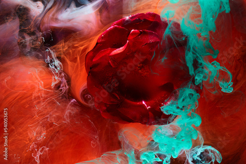 Abstract red background with flowers and contrasting colors in water. Backdrop for perfume, cosmetic products