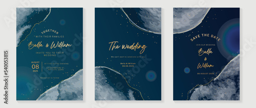 Luxury wedding invitation card template. Watercolor card with dark blue, sparkle, gold brush, galaxy, glitter, watercolor texture. Elegant golden vector design suitable for banner, cover, invitation.