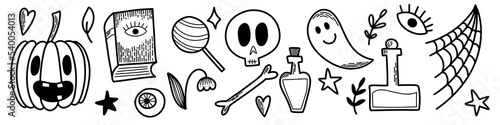 Halloween vector set of elements. Line art flat design. Pack of outline symbol. Design icons for promotion banners and cards. Pumpkin, jack o lantern, candy, poison, candle, spell, bone, magic.
