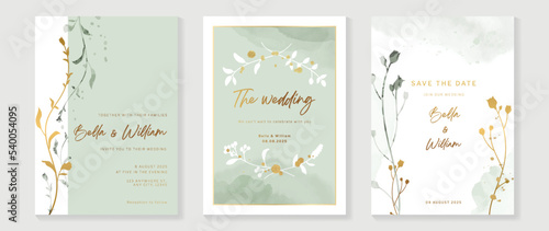 Luxury botanical wedding invitation card template. Watercolor card with gold brush, floral, foliage, wildflower, in hand drawn. Elegant blossom vector design suitable for banner, cover, invitation.