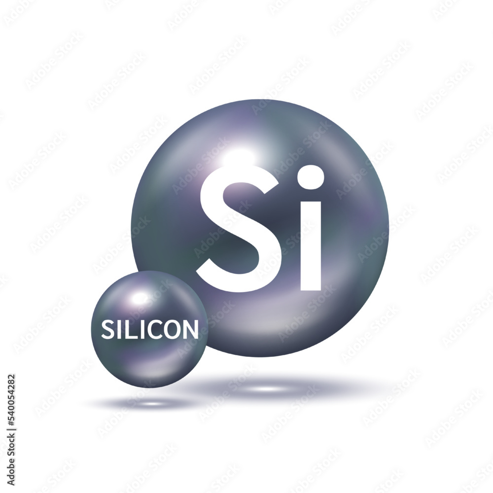 Silicon molecule models silver black. Ecology and biochemistry concept. Isolated spheres on white background. 3D Vector Illustration. Silicon molecule models silver black. Ecology and biochemistry concept. Isolated spheres on white background. 3D Vector Illustration.