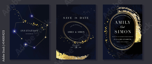 Luxury wedding invitation card template. Watercolor card with constellations, stars, space, galaxy, glitter, gold brush texture. Elegant golden vector design suitable for banner, cover, invitation.