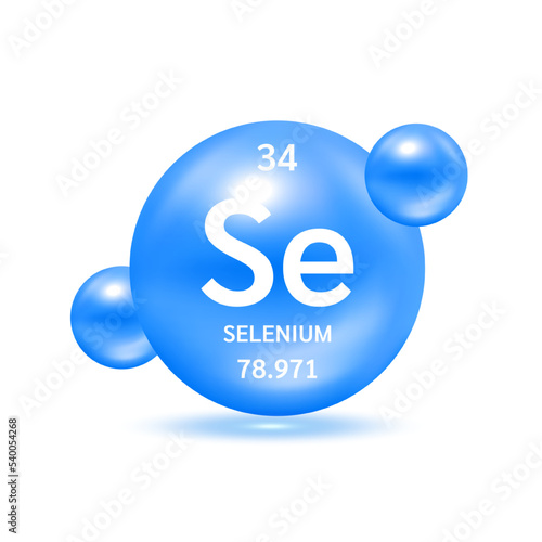 Selenium molecule models blue and chemical formulas scientific element. Ecology and biochemistry concept. Isolated spheres on white background. 3D Vector Illustration. photo